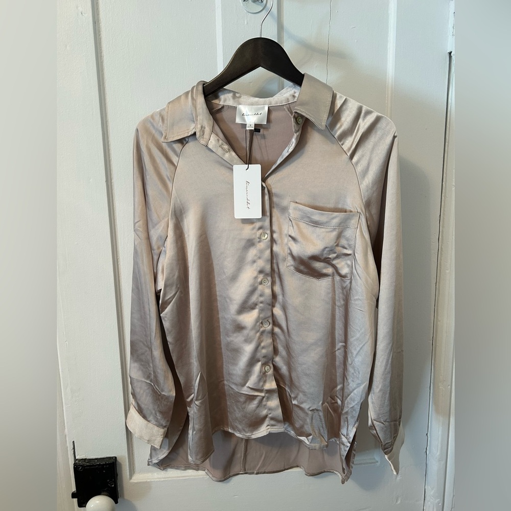Brand New Silk Button-Up Shirt in Taupe